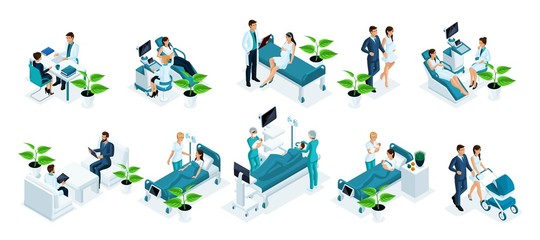 Wall Mural - isometric set concept monitoring a pregnant woman in hospital, examining a patient, ultrasound test,
