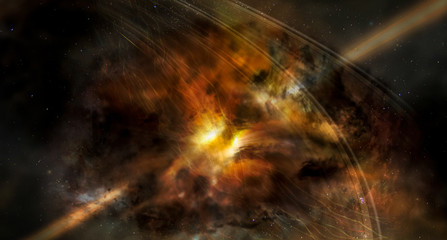 Wall Mural - landscape background of fantasy alien galaxy with glowing clouds and stars with lazer beam. the elem