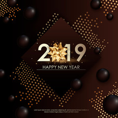 Wall Mural - Happy New Year 2019 winter holiday greeting card design template. Party poster, banner or invitation gold glittering stars confetti glitter decoration. Vector background with golden gift bow