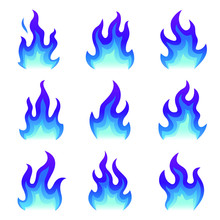 Set Of Blue Fire Icons, Flat Fire Flame Vector Illustration. Collection Of Blue Flames Or Campfires Isolated On White.