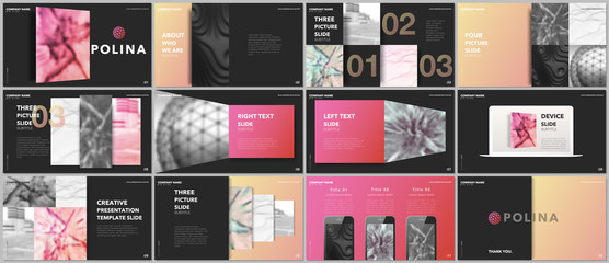 Wall Mural - Minimal presentations design, portfolio vector templates with elements on black background. Multipurpose template for presentation slide, flyer leaflet, brochure cover, report, marketing, advertising.