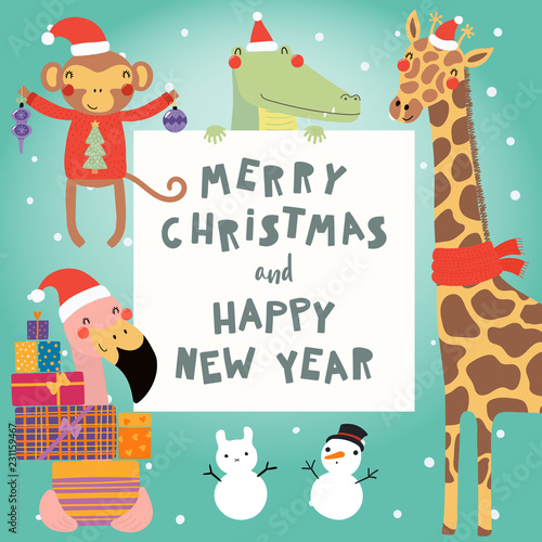 Hand drawn card with cute funny animals in Santa Claus hats, smowmen, text Me...