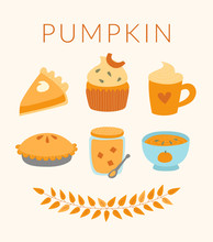 Pumpkin Pie, Latte, Muffin, Soup, Jam Vector Illustration. Set Of Food From Pumpkin