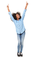 Canvas Print - Full length happy young black woman with arms raised against isolated white background