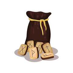 Brown bag and wooden magic runes for future reading and divination. Flat vector for advertising poster or banner