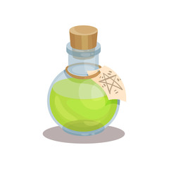 Wall Mural - Glass bottle with magic elixir and label with mysterious symbol. Green potion. Item for mobile game. Flat vector design