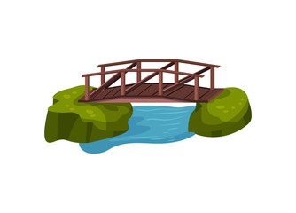 Wall Mural - Small wooden bridge over blue pond or river. Outdoor object for city park. Cartoon landscape design. Flat vector illustration