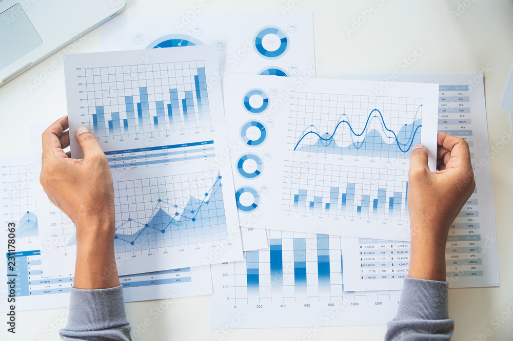 businessman working data document graph chart report marketing research development  planning management strategy analysis financial accounting. Business  office concept. - obrazy, fototapety, plakaty 