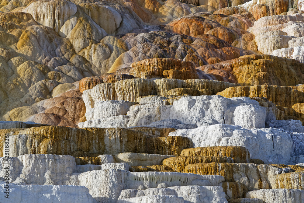 Hot Spring Rocks Mammoth Hot Springs is a large complex of hot springs on a hill of ...