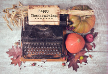 Still Life With Vintage Typewriter On Wooden Background. Thanksgiving Day Cosept