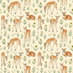 watercolor hand painted cute deer with wild flowers. seamless pattern on a beige backdrop.