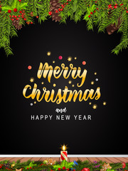 Wall Mural - christmas greeting card with fir branches, pine cones, holly, and string lights. merry christmas bac