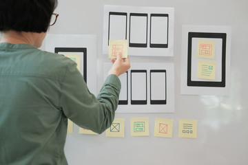 user experience ux designer designing web on mobile phone tablet layout. ui planning mobile applicat
