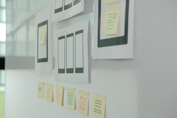 user experience ux designer designing web on mobile phone tablet layout. ui planning mobile applicat