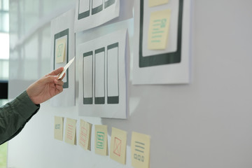 user experience ux designer designing web on mobile phone tablet layout. ui planning mobile applicat