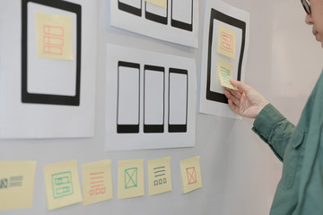 user experience UX designer designing web on mobile phone tablet layout. UI planning mobile application. developer work with business prototype