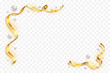 Gold ribbon frame. Golden serpentine design. Decorative streamer border, isolated transparent white background. Decoration for Christmas, carnival, holiday celebration, birthday. Vector illustration