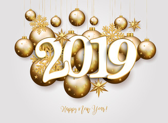 Wall Mural - Happy new year design white background with 2019 and shining gold snowflakes, bubbles and stars. Vector 