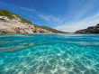 © dam - Beach and rock on seashore with sand underwater, split view half above and below water surface, Mediterranean sea, Spain, Costa Dorada, Platja Del Torn, l'Hospitalet de l'Infant, Tarragona, Catalonia