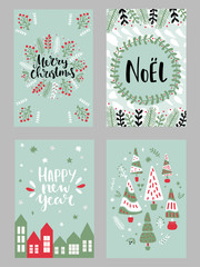 Wall Mural - Collection of christmas greeting cards with hand lettering and hand drawn winter holiday and christmas elements and floral arrangement