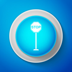 White Stop sign icon isolated on blue background. Traffic regulatory warning stop symbol. Circle blue button with white line. Vector Illustration