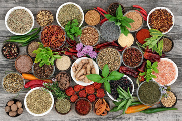 Large herb and spice food selection dried and fresh on rustic wood background. With chilli pepper varieties including dried ring of fire, padron and scorpio. Top view.
