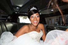 Happy Pretty Smiling African Black American Bride In Marriage Car