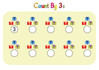three counting activity, math worksheet, count by three practice worksheet, write the missing numbers