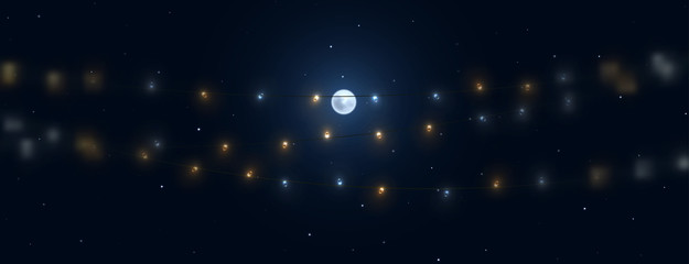 Wall Mural - night background with full moon on starry background and the horizontal string light garlands.