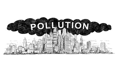 Sticker - Vector artistic pen and ink drawing illustration of high rise building and dark smoke cloud covering the city by air pollution.