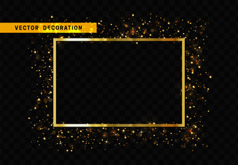 Wall Mural - golden rectangular frame isolated on transparent background. glitter border shining particles, of li