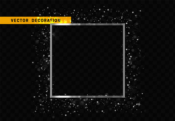 Wall Mural - silver square frame isolated on transparent background. glitter border shining particles, of light e