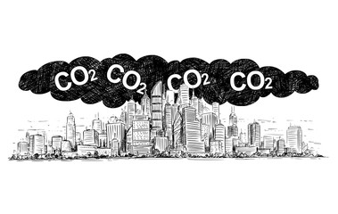 Sticker - Vector artistic pen and ink drawing illustration of high rise building and smog covering the city. Environmental concept of toxic and deadly carbon dioxide or CO2 air pollution.