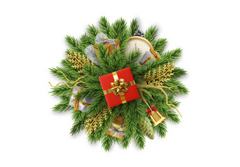 Wall Mural - Christmas background. Design Bundle of pine branches into a round sphere and the holiday Xmas decoration object, gift boxes, antique clocks, golden bell