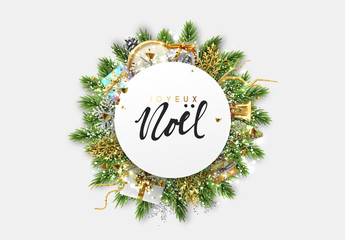 Wall Mural - French text Joyeux Noel. Christmas design vector background. Bundle of pine branches, Xmas decoration object, gift box, antique clocks, golden bell. Covered with snow and bright gold confetti