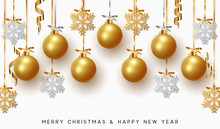 Christmas Golden Balls Background. Festive Xmas Decoration Gold Bauble And Bright Snowflake, Hanging On The Ribbon.