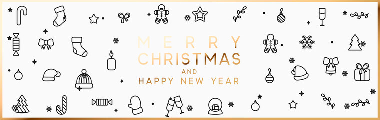 Wall Mural - Merry Christmas and Happy New Year horizontal banner with xmas decorative elements line style