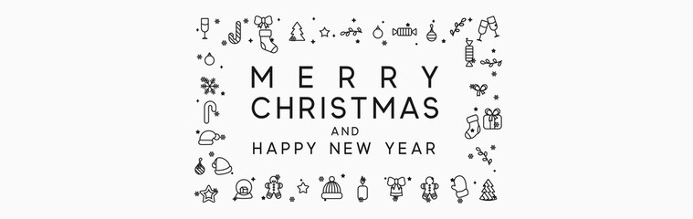 Wall Mural - Merry Christmas and Happy New Year horizontal banner with xmas decorative elements line style