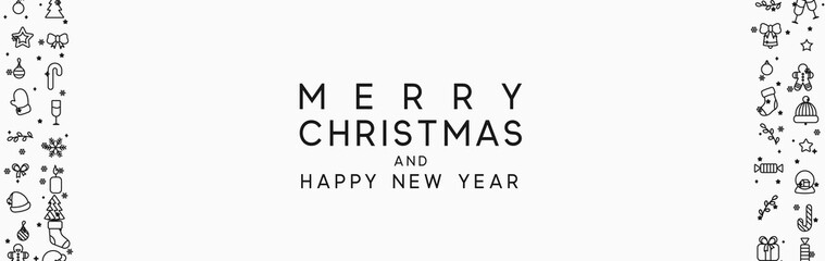 Wall Mural - Merry Christmas and Happy New Year horizontal banner with xmas decorative elements line style