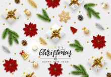 Christmas Background. Xmas Objects Viewed From Above. Text Merry Christmas And Happy New Year. Greeting Card, Banner, Web Poster