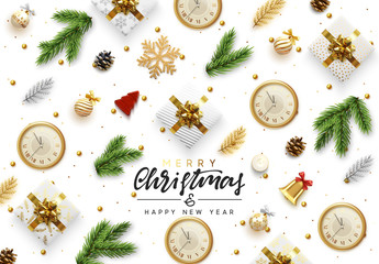 Wall Mural - Christmas background. Xmas objects viewed from above. Text Merry Christmas and happy New Year. Greeting card, banner, web poster