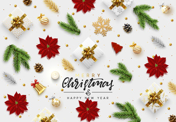 Wall Mural - Christmas background. Xmas objects viewed from above. Text Merry Christmas and happy New Year. Greeting card, banner, web poster