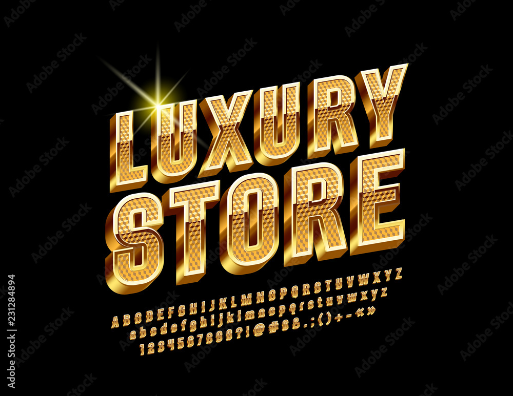Golden border and pattern chic Logo for Luxury Store. Vector set of Alphabet Letters, Numbers and Punctuation Symbols. Rotated exclusive Font. - obrazy, fototapety, plakaty 