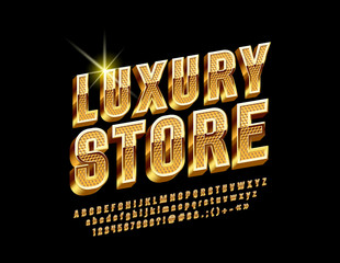 Golden border and pattern chic Logo for Luxury Store. Vector set of Alphabet Letters, Numbers and Punctuation Symbols. Rotated exclusive Font.