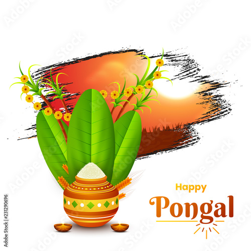 Greeting Card Decorated With Traditional Pot Banana Leaves And