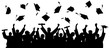 Graduated at university, college. Crowd of graduates in mantles, throws up the square academic caps. Cheerful people silhouette vector