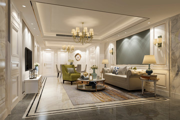 3d rendering luxury and modern living room and dining room