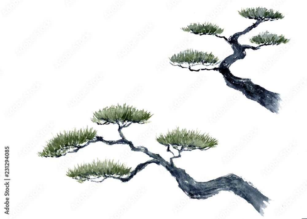水墨画 シルク製 山水画 松の木 水墨画 シルク製 山水画 松の木