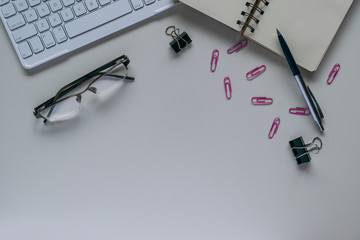 Office table. Office tools. Top view with copyspace