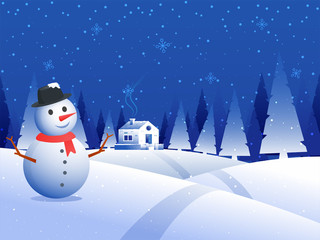 Sticker - illustration of snowman with snow capped house on winter background. can be used as greeting card de